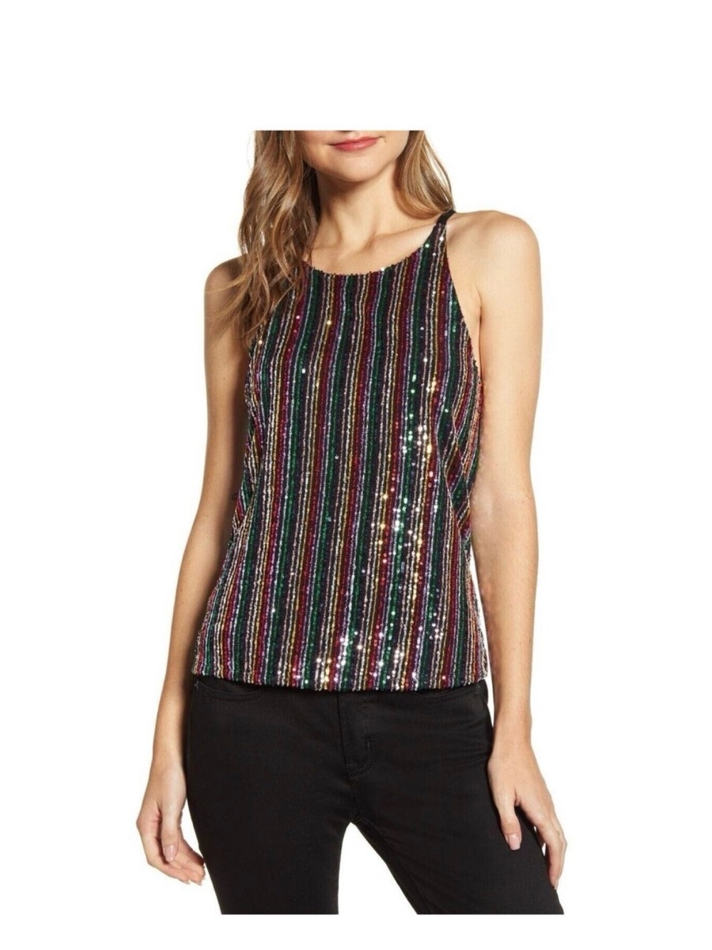 Sanctuary Multicolor Sequin Stripe Halter Tank
